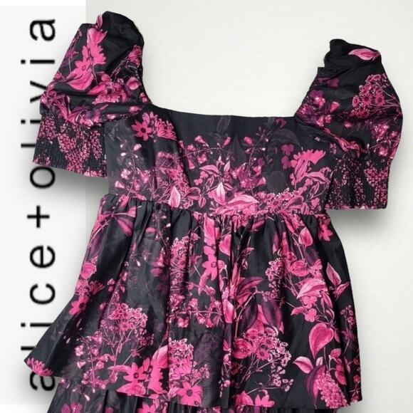 ALICE + OLIVIA EMMALOU FLORAL PRINT COTTON FAILLE MINI DRESS PINK BLACK MEDIUM 6 - Picture 10 of 14